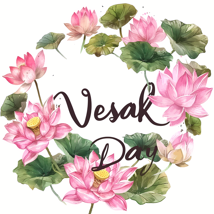 Happy Vesak Day,Pink Lotus Flowers,Watercolor Floral Wreath