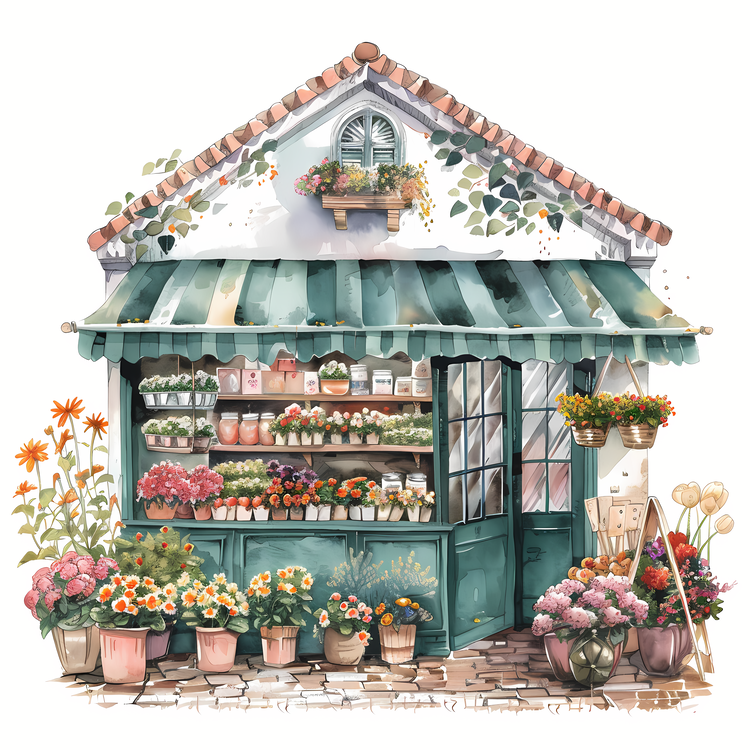 Spring Flower Store,Flower Shop,Watercolor