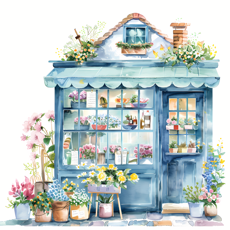 Spring Flower Store,Flower Shop,Watercolor Painting
