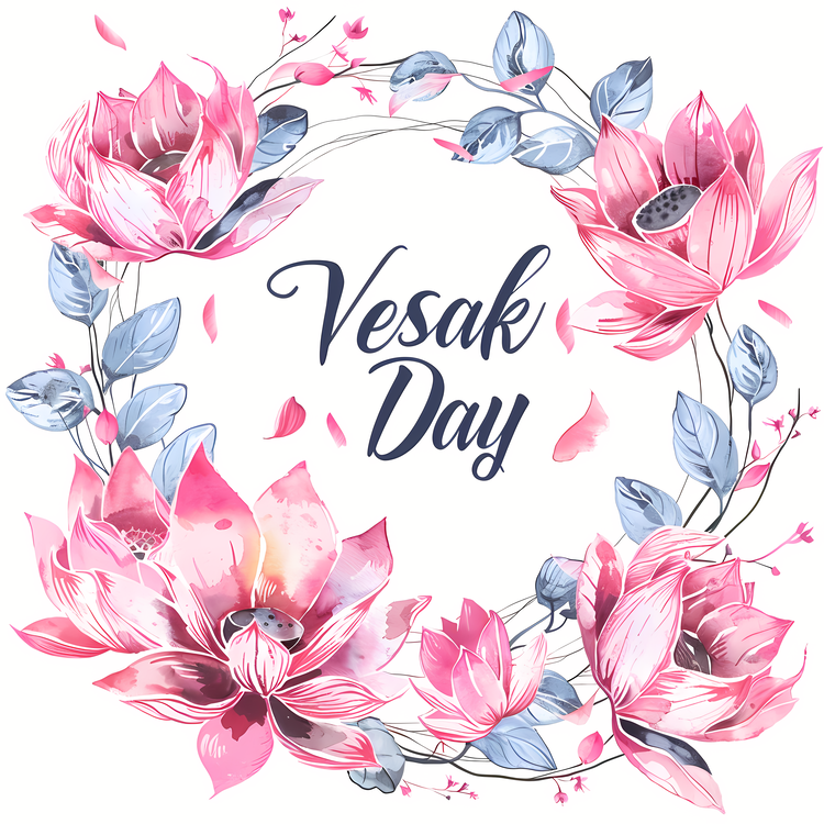 Happy Vesak Day,Floral Wreath,Pink Lotus Flowers