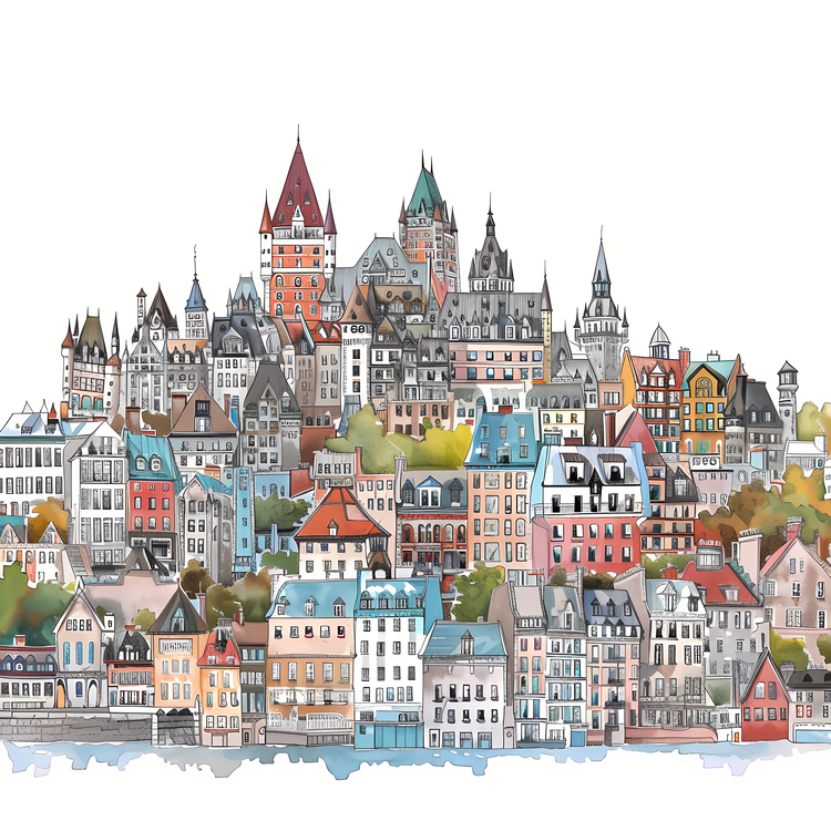 Quebec City Skyline,Watercolor,Colorful