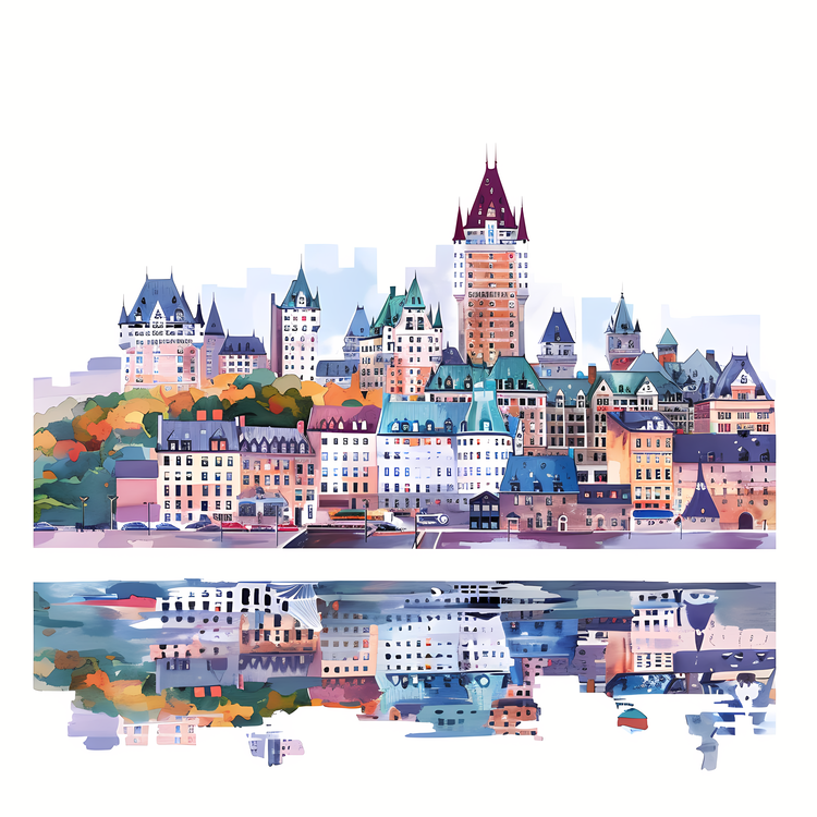 Quebec City Skyline,Watercolor,Landscape