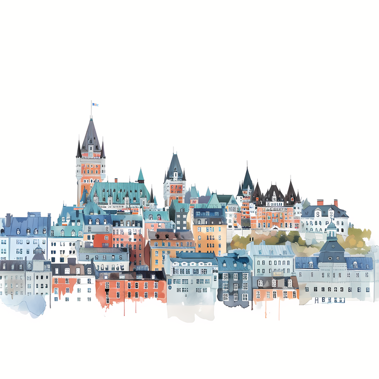 Quebec City Skyline,Cityscape,Watercolor Painting