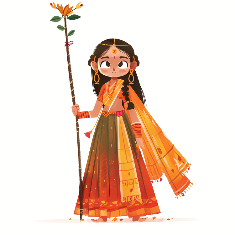 Gudi Padwa,Girl With Walking Stick,Indian Princess With Flower