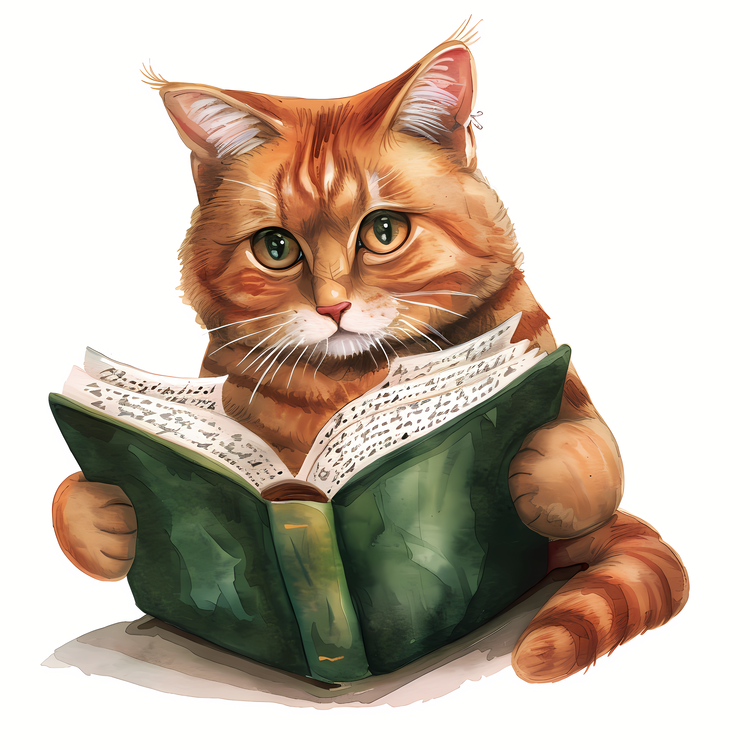 Cat,Cat Reading Book,Watercolor Painting
