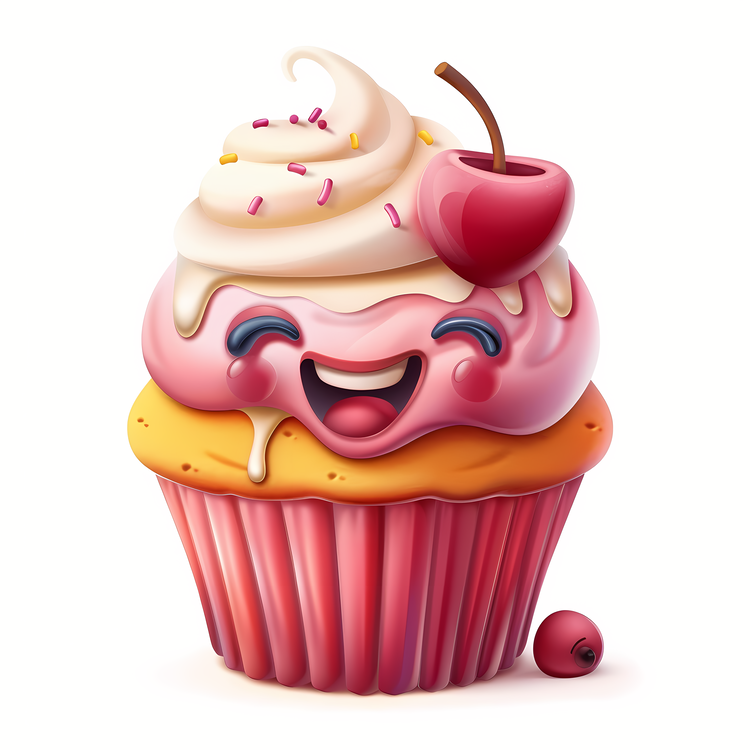 3d Cartoon Dessert,Smiling Cupcake With Icing,Whipped Cream And Cherry