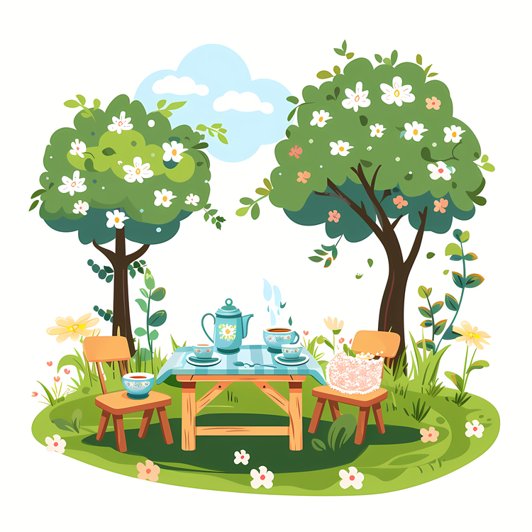 Spring Tea,Tea Party,Table Set Up With Cups And Teapots
