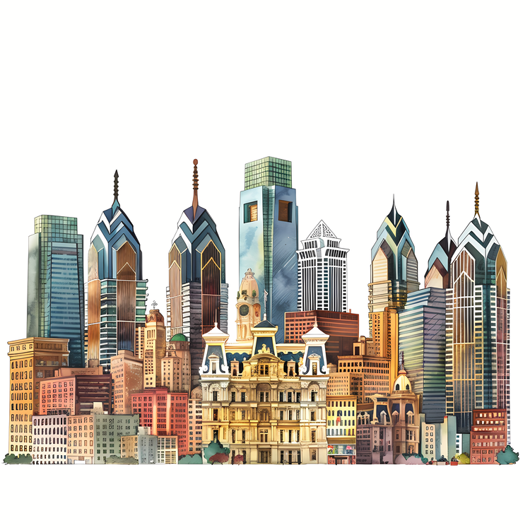 Philly Skyline,Philadelphia Skyline,Watercolor Illustration