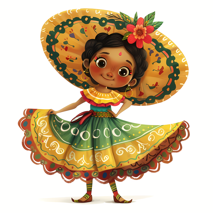 Cinco De Mayo,Mexican Girl In Traditional Dress,Cartoon   Mexican Dancer