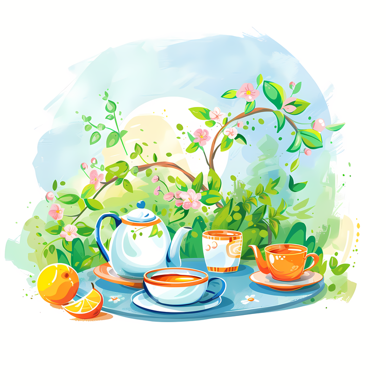 Spring Tea,Landscape,Watercolor Painting
