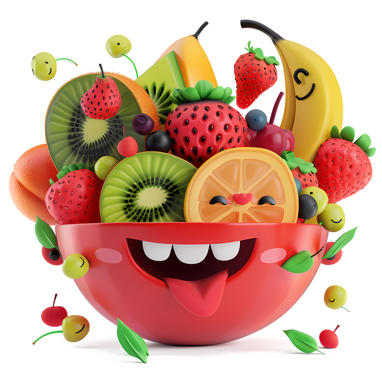 3d Cartoon Dessert,Red Fruit Bowl,Happy Face On A Fruit