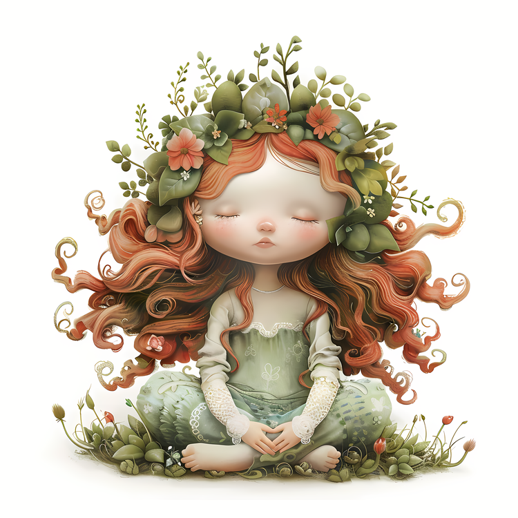 Garden Meditation Day,Redheaded Woman,With Flowers In Her Hair
