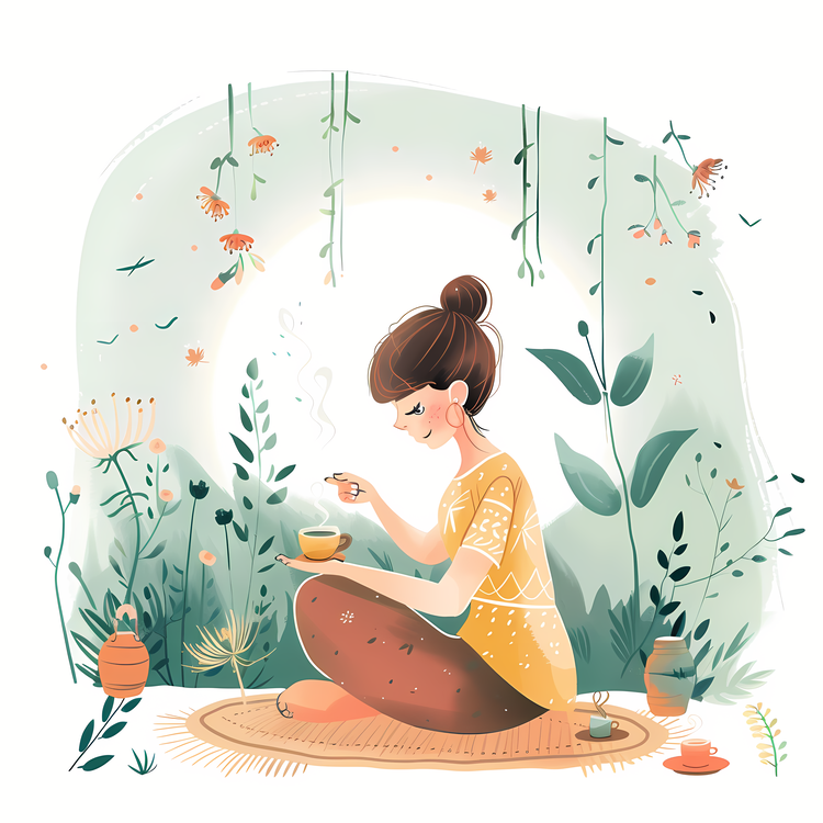 Spring Tea,Girl Drinking Tea,Girl Sitting In A Forest