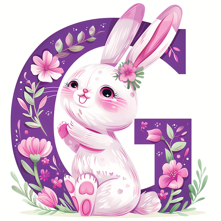 3d Cartoon Alphabet,Happy Easter Bunny,Cute Bunny In Floral Wreath