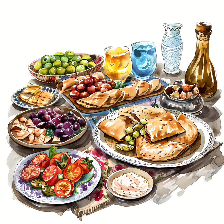 Ramadan Feast,Watercolor,Food