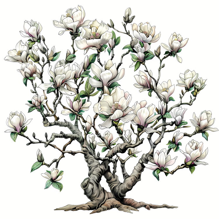 Magnolia Tree,White Flowers,Drawing