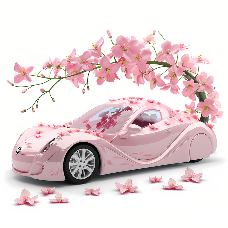 Spring Car,Pink Car With Flowers,Blossoming Trees In The Background