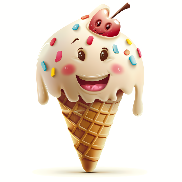 3d Cartoon Dessert,Ice Cream Cone,Smiling Ice Cream Cone