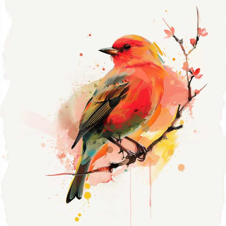 Renewal Day,Red Bird On Branch,Watercolor Painting