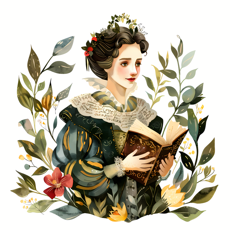 Shakespeare Day,Woman In Green Dress Reading A Book,Green Dress And Roses In The Background