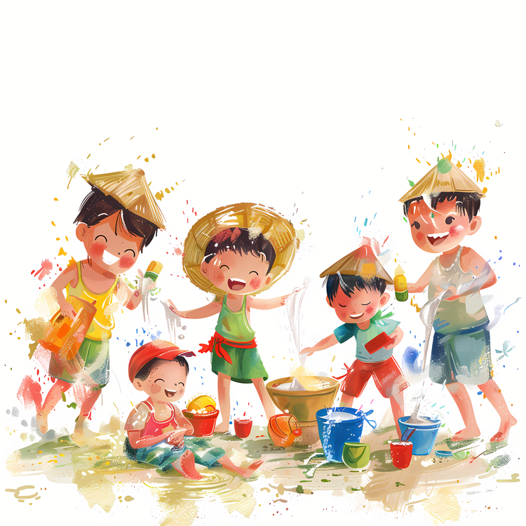Songkran,Watercolor Illustration,Children Playing In The Sand