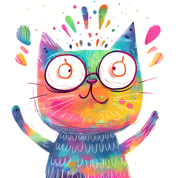 Emoji,Colorful Cat,Watercolor Painting