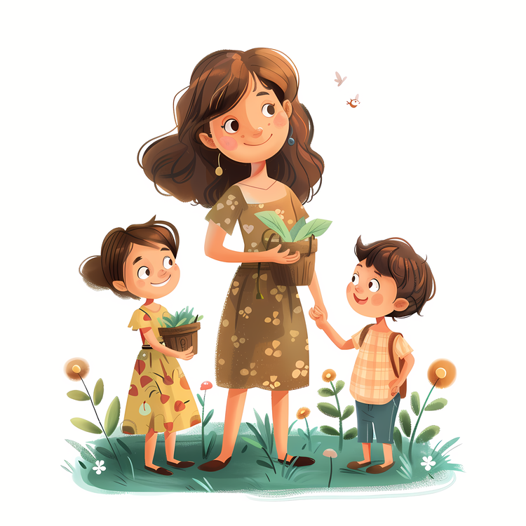 Mom,Mother And Children,Children Planting Seeds