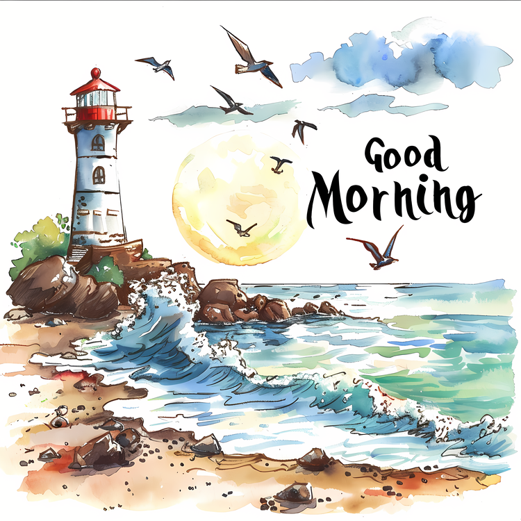 Good Morning,Watercolor Painting,Lighthouse
