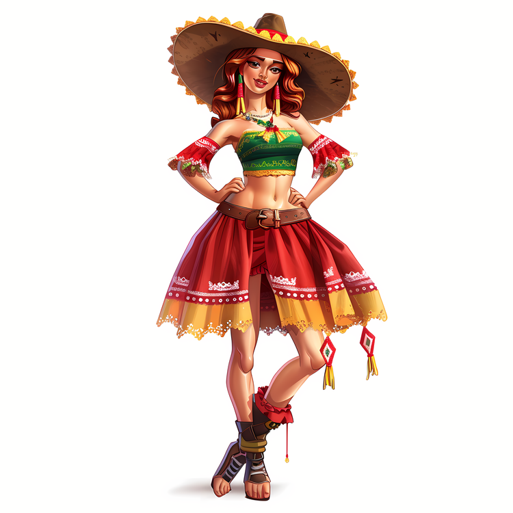 Cinco De Mayo,Woman In Mexican Dress,Lady In Red And Green Skirt