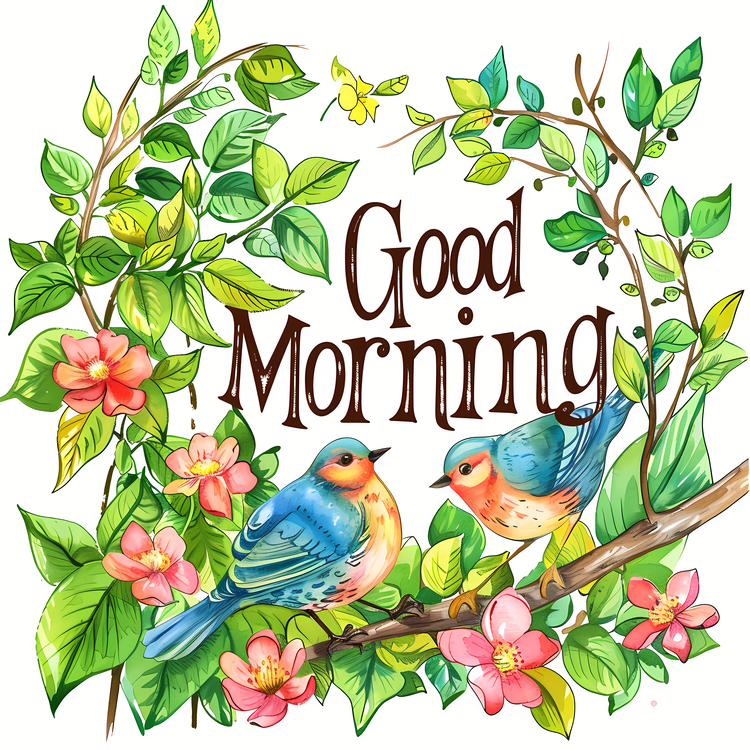 Good Morning,Birds On Branch,Flowers In Background
