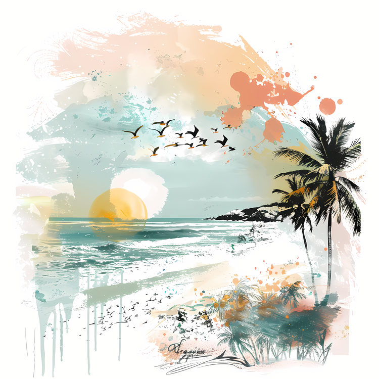 Summer Begins,Tropical Beach,Colorful Artwork