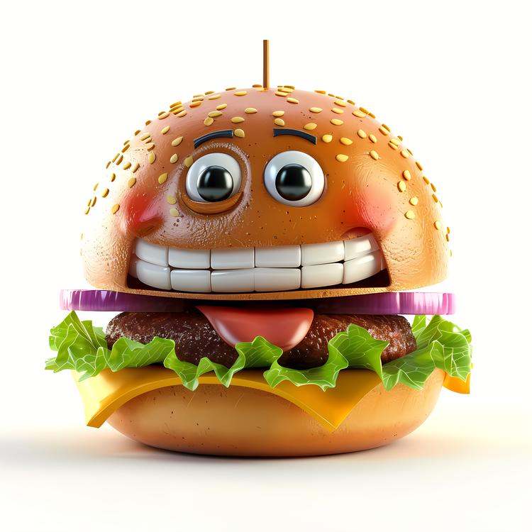 3d Cartoon Food,Smiling Burger,Grinning Hamburger