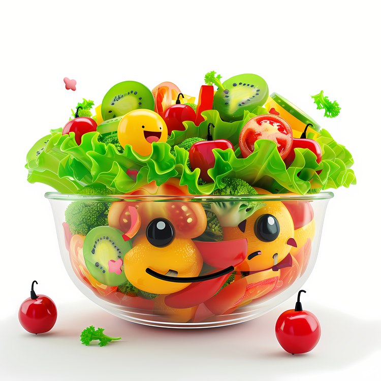 3d Cartoon Food,Colorful Fruits And Vegetables In A Bowl,Food