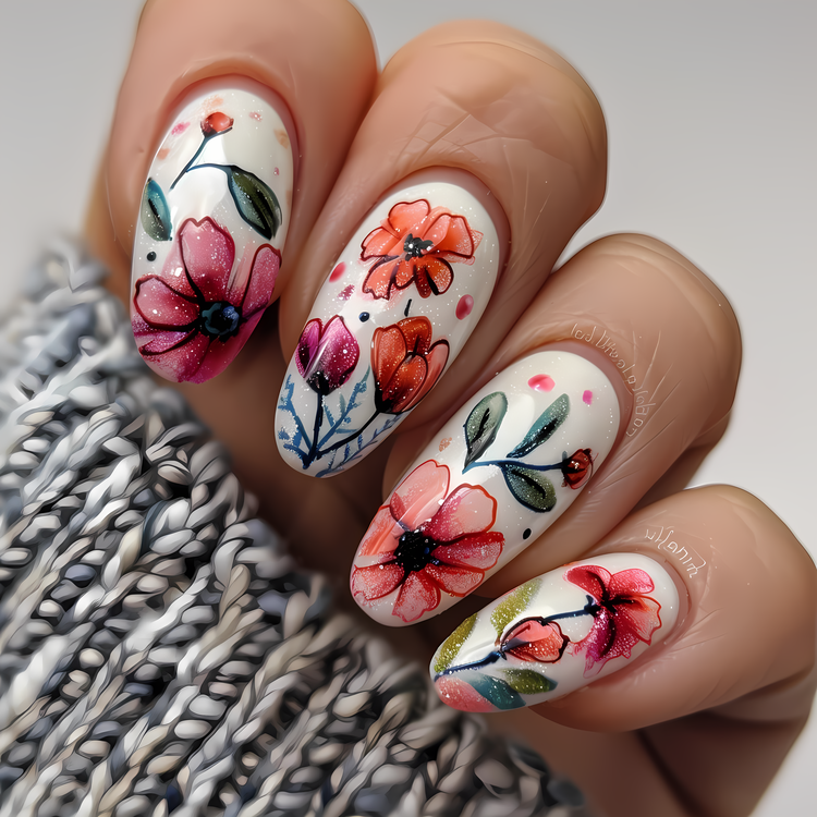 Nail Polish,Watercolor Flowers,Nail Art Design