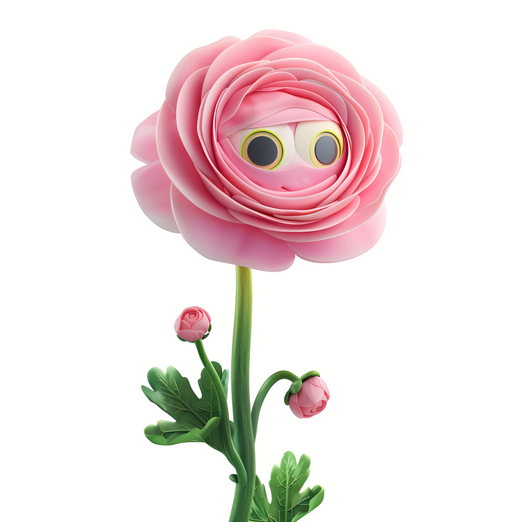 3d Cartoon Flowers,Pink Flower With A Face On It,Green Stem And Leaf