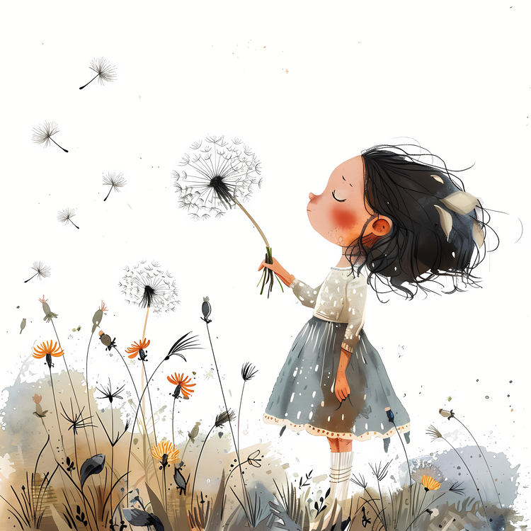 Dandelion,Little Girl Blowing Dandelions,Child Playing In The Field