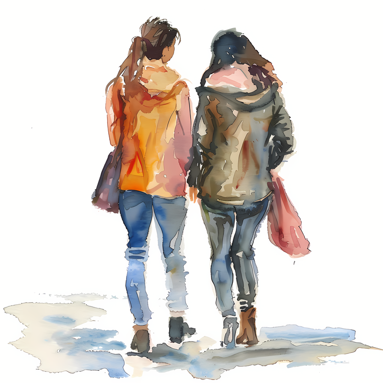 Girls Talking,Watercolor Painting,Portrait Of Two Women Walking Together