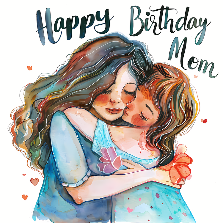 Happy Birthday Mom,Watercolor Art,Mother And Daughter Hugging