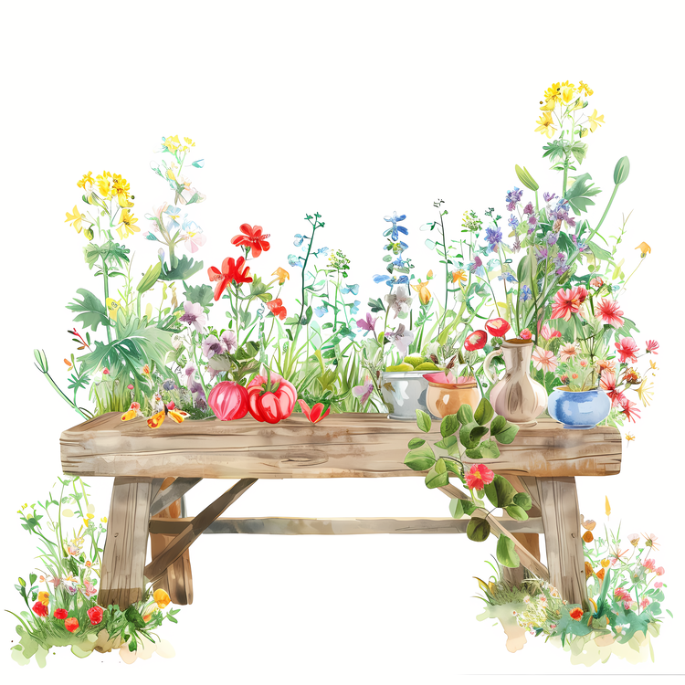 Garden Table,Watercolor,Wooden Bench