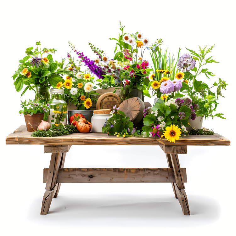 Garden Table,Wooden Table With Flower Arrangements On It,Artificial Flowers