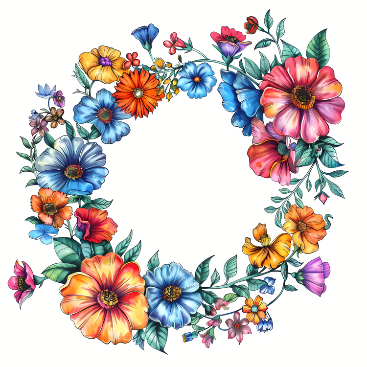 Flower Frame,Watercolor Floral Wreath,Handdrawn Flowers