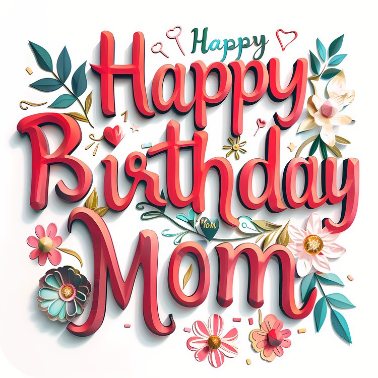 Happy Birthday Mom,Red Lettering On White Background,Floral Design