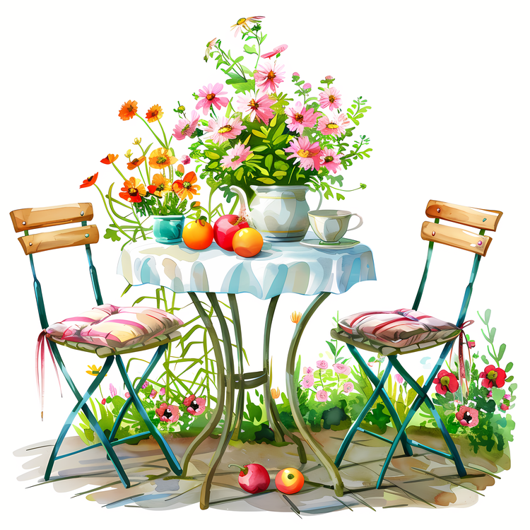 Garden Table,Vase Of Flowers,Chairs