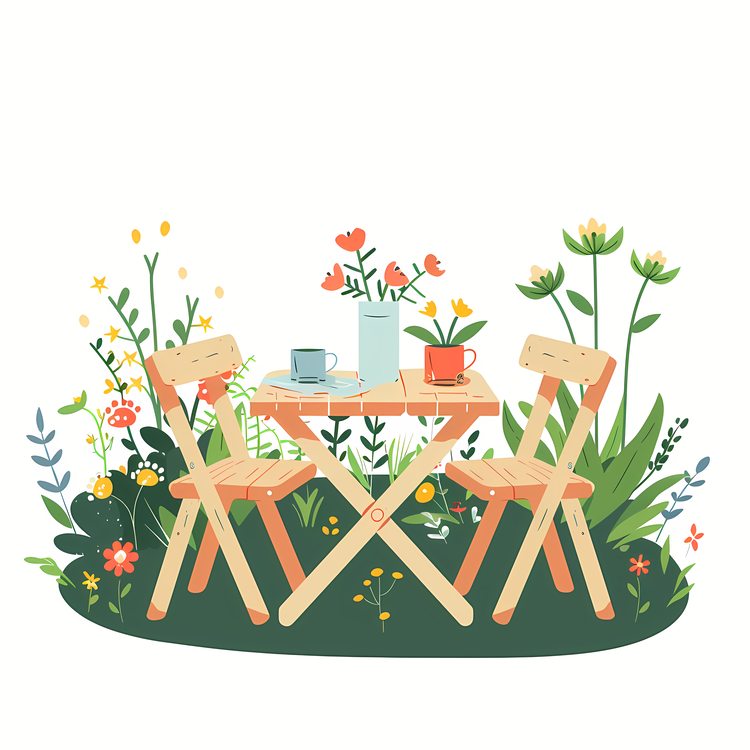 Garden Table,Table With Chairs And Flowers In The Background,Outdoor Dining Area With Flowers