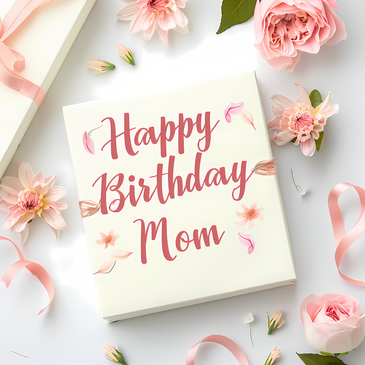 Happy Birthday Mom,Birthday Card With Pink Roses,Flowers On A White Background