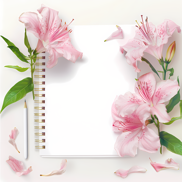 Memo,Pink Lilies,Note Pad With Writing Utensils
