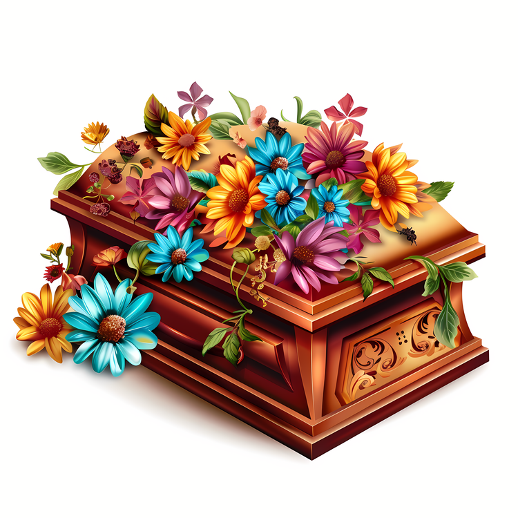 Funeral,Wooden Casket,Colorful Flowers