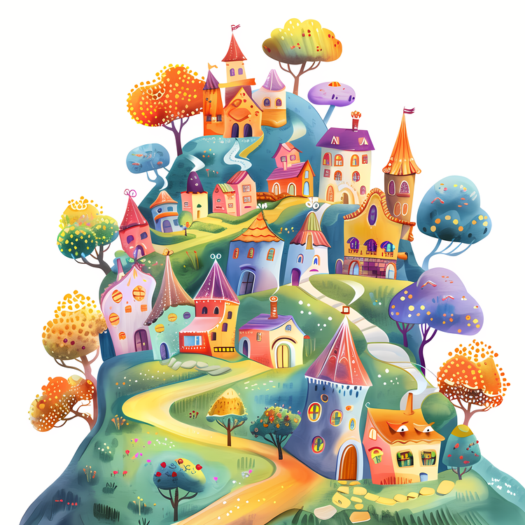 Hill Village,Colorful,Cartoonish
