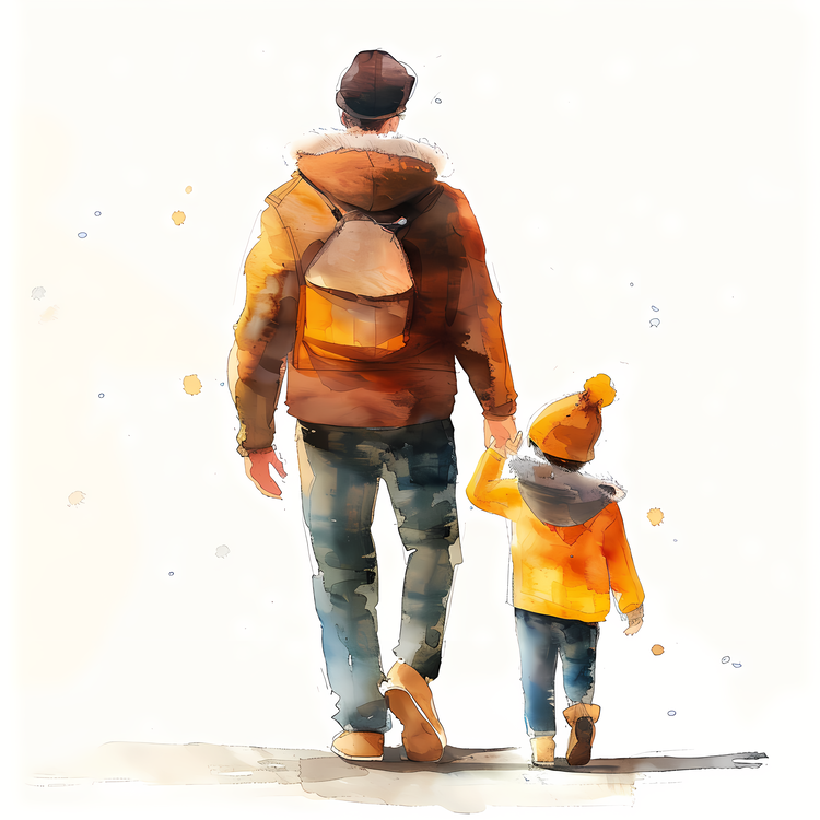 Fathers Day,Father And Son Back View,Watercolor Painting