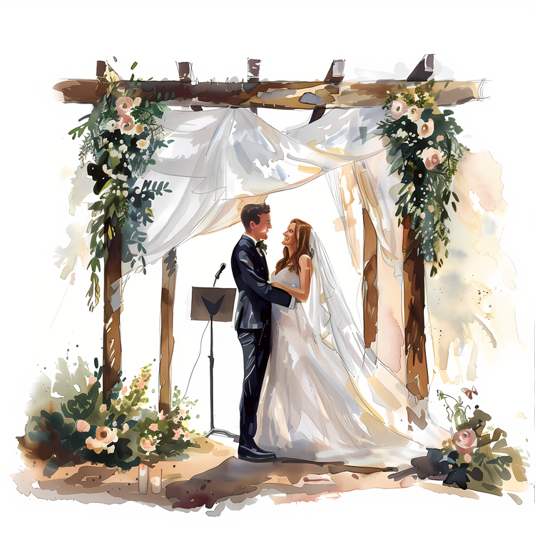 Outdoor Wedding,Wedding Watercolor Painting,Bride And Groom